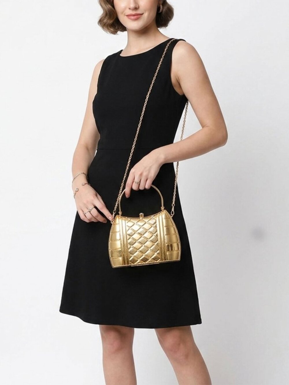 Vintage Gold Hard Shell Rhinestone Evening Bag Metal Box Clutch Crossbody Purse - Picture 2 of 14